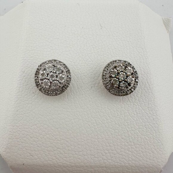 Natural Diamond Halo Stud Earrings in Sterling Silver - Picture 13 of 14